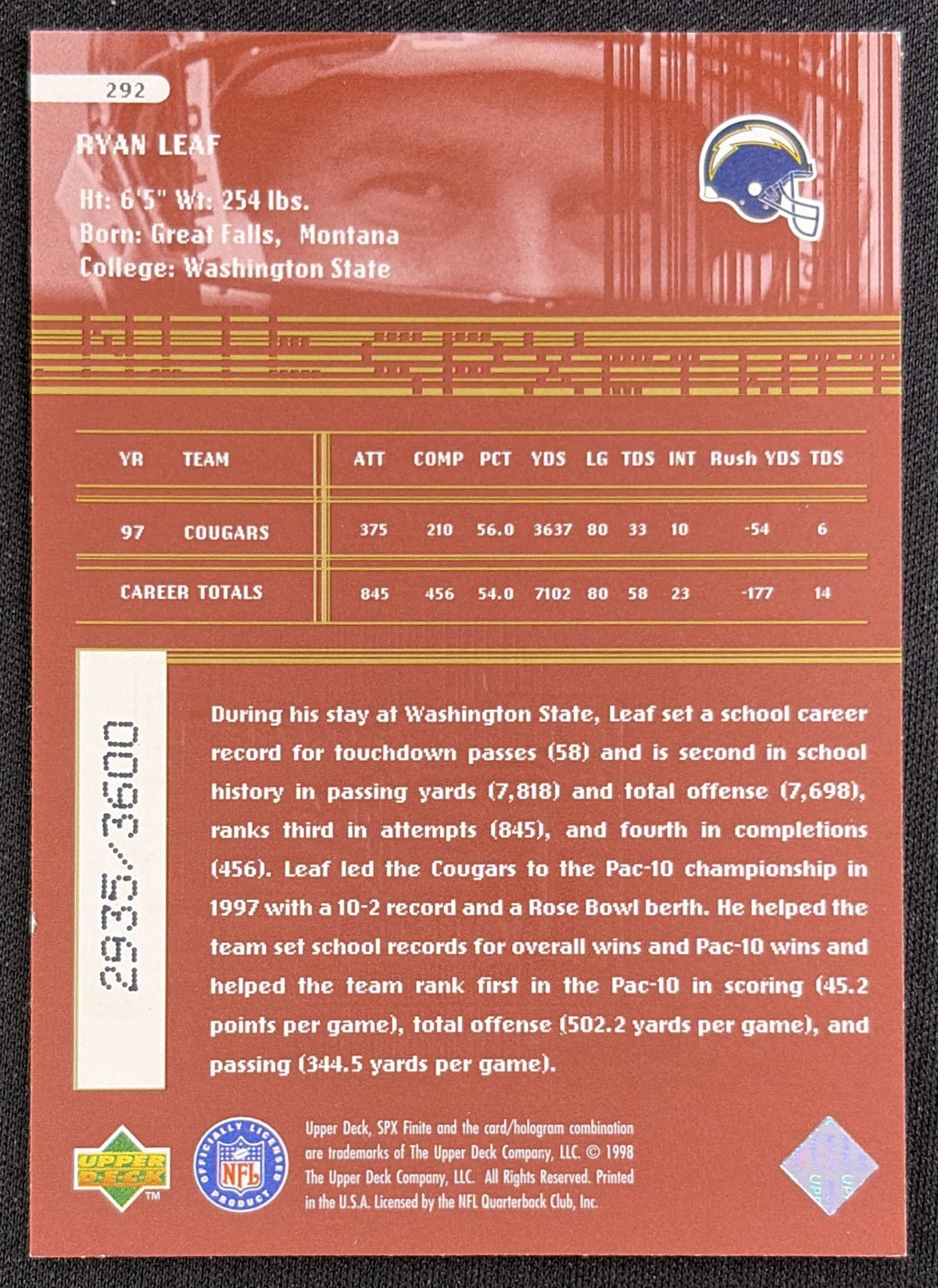 Ryan Leaf 1998 SPx Finite Radiance /3600 Chargers