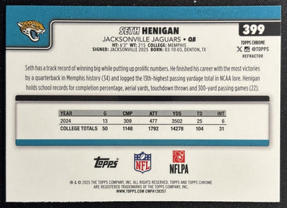 Seth Henigan 2025 Topps Chrome Rookie Refractor Jaguars Sports Trading Cards