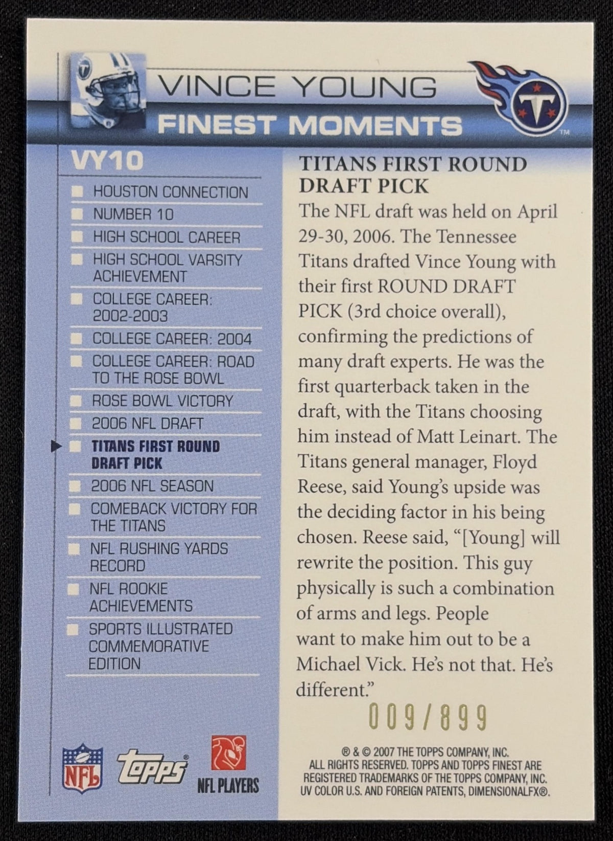 Vince Young 2007 Topps Finest Vince Young Finest Moments /899 Titans Sports Trading Card