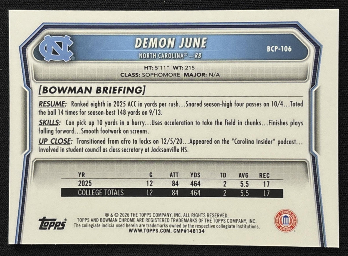 Demon June 2026 Bowman Chrome Prospects Speckle Refractor Tar Heels Sports Trading Card