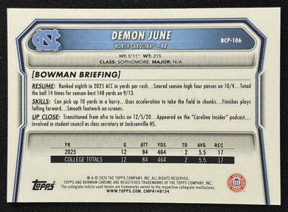 Demon June 2026 Bowman Chrome Prospects Speckle Refractor Tar Heels Sports Trading Card