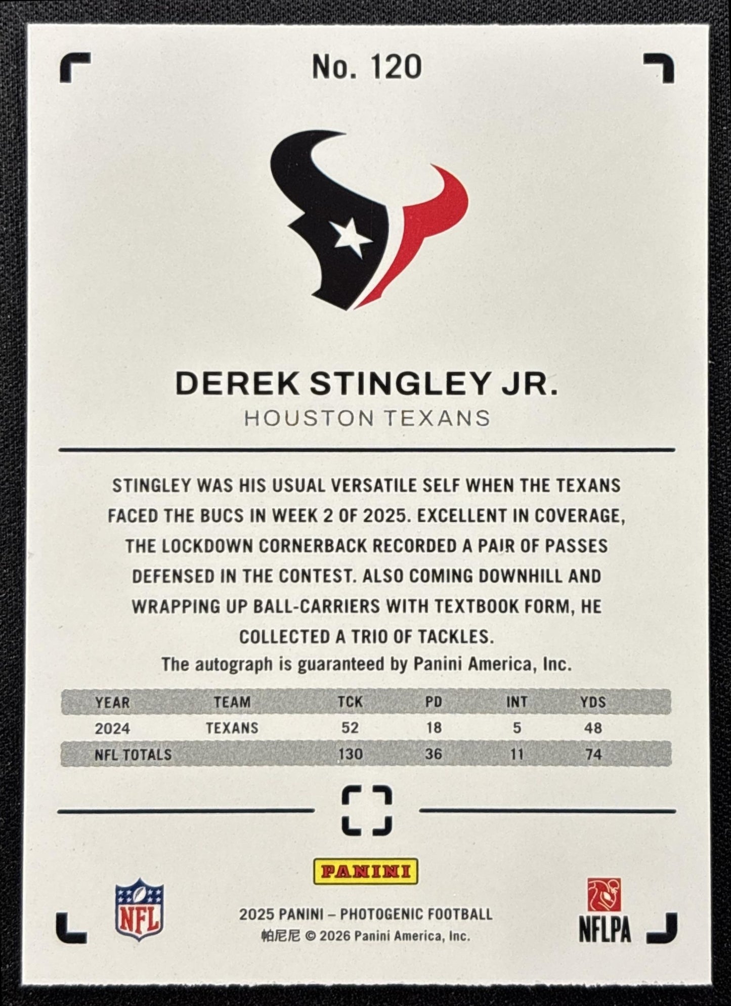 Derek Stingley Jr. 2025 Panini PhotoGenic Auto Horizontal Blue /49 Texans - back