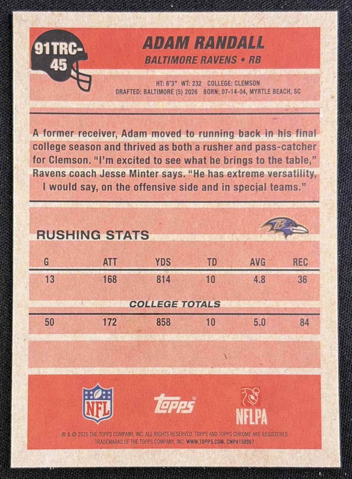 Adam Randall 2026 Topps 1991 Chrome Rookie Mojo Refractor Ravens back