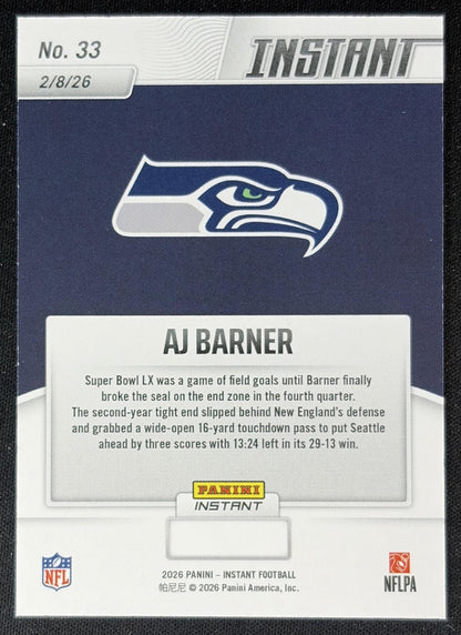 AJ Barner 2026 Panini Instant Super Bowl LIX Champions Seattle Seahawks back