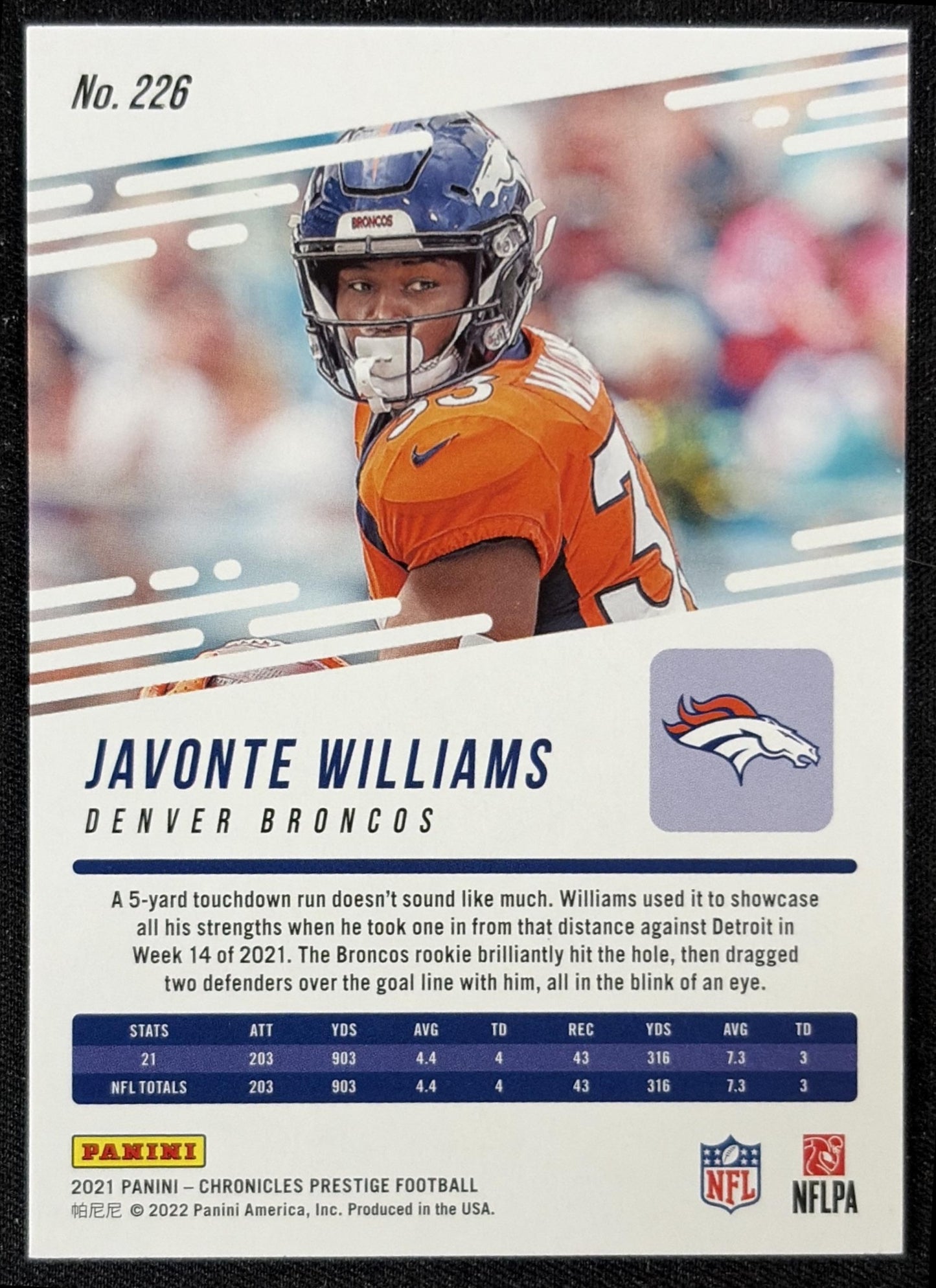 Javonte Williams 2021 Panini Chronicles Prestige Rookies Update Broncos