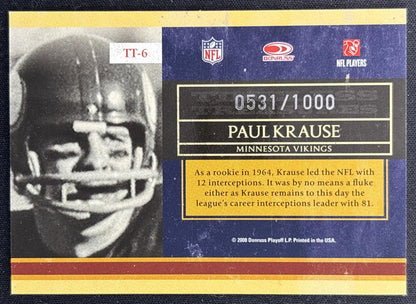 Paul Krause 2008 Donruss Classics Timeless Treasures /1000 Vikings Sports Trading Cards