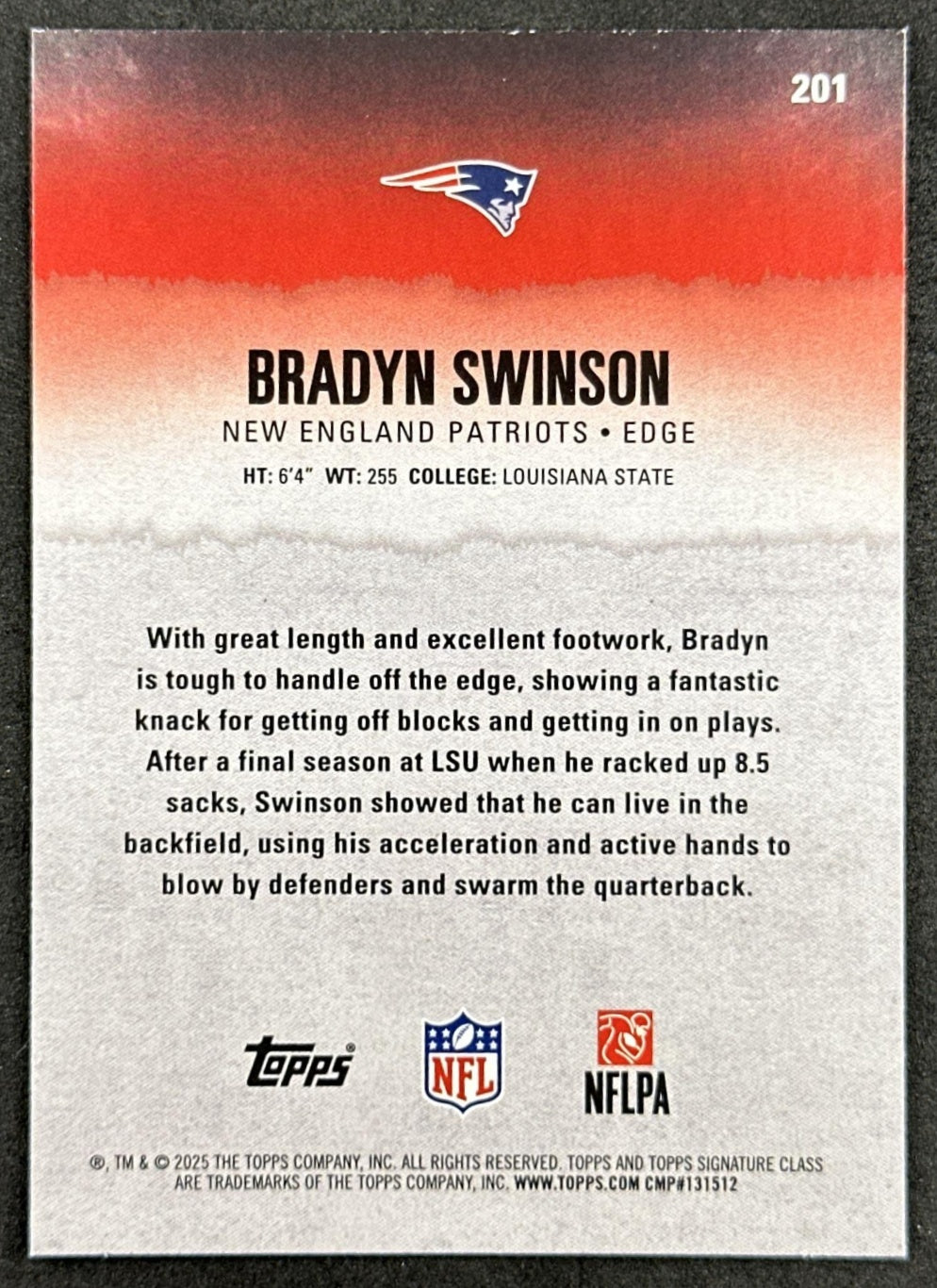 Bradyn Swinson 2025 Topps Signature Class Rookie Blue & Yellow Foil Patriots back