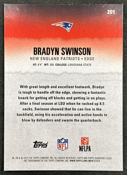 Bradyn Swinson 2025 Topps Signature Class Rookie Blue & Yellow Foil Patriots back