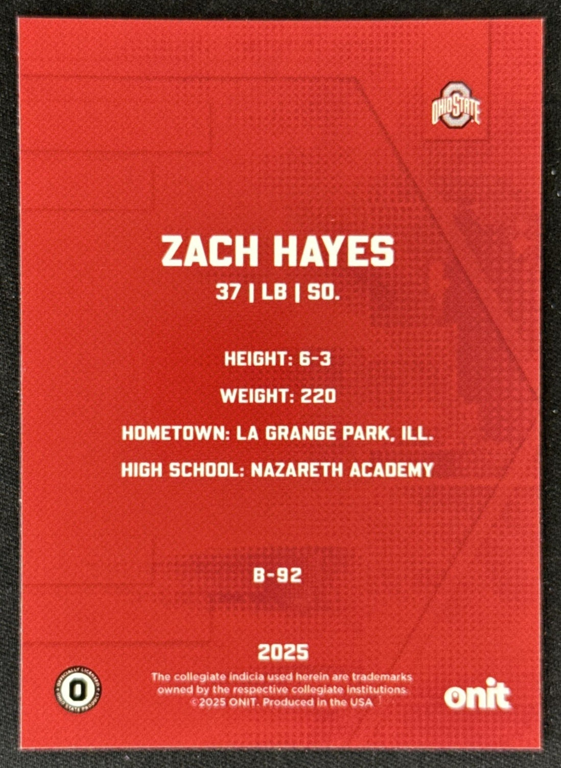 Zach Hayes 2025 ONIT Athlete Ohio State Buckeyes Sports Trading Card