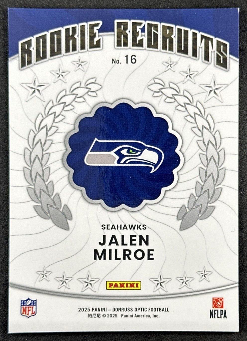 Jalen Milroe 2025 Panini Donruss Optic Rookie Recruits Seahawks back sports trading card