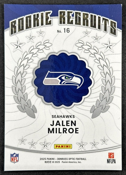 Jalen Milroe 2025 Panini Donruss Optic Rookie Recruits Seahawks back sports trading card