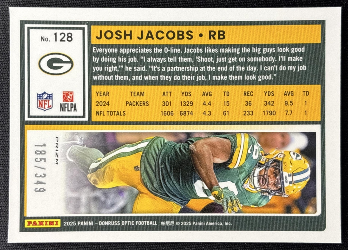 Josh Jacobs 2025 Panini Donruss Optic Aqua Prizm /349 Packers Sports Trading Card