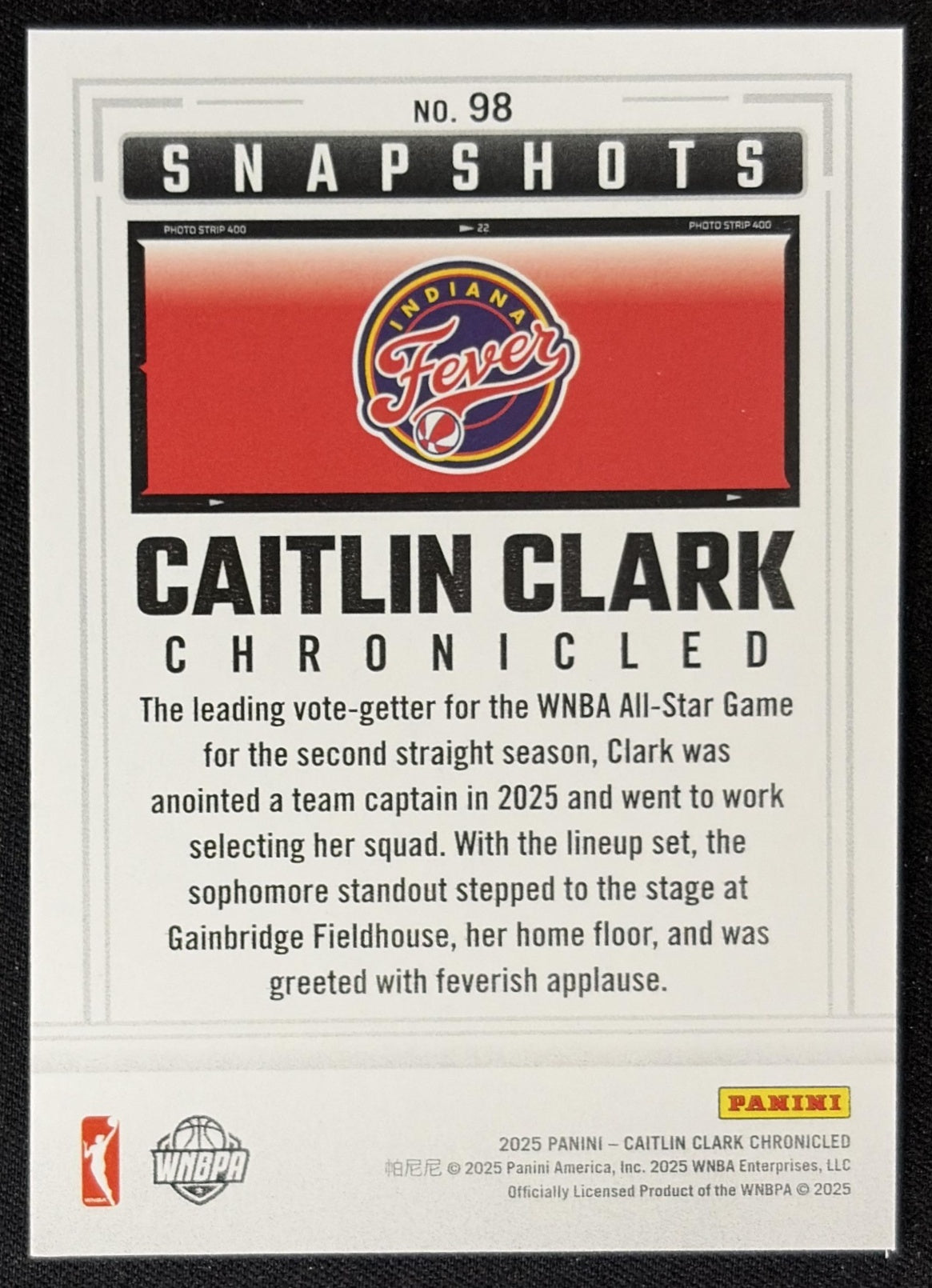 Caitlin Clark 2025 Panini Chronicled Snap Shots Fever 98 Sports Trading Card
