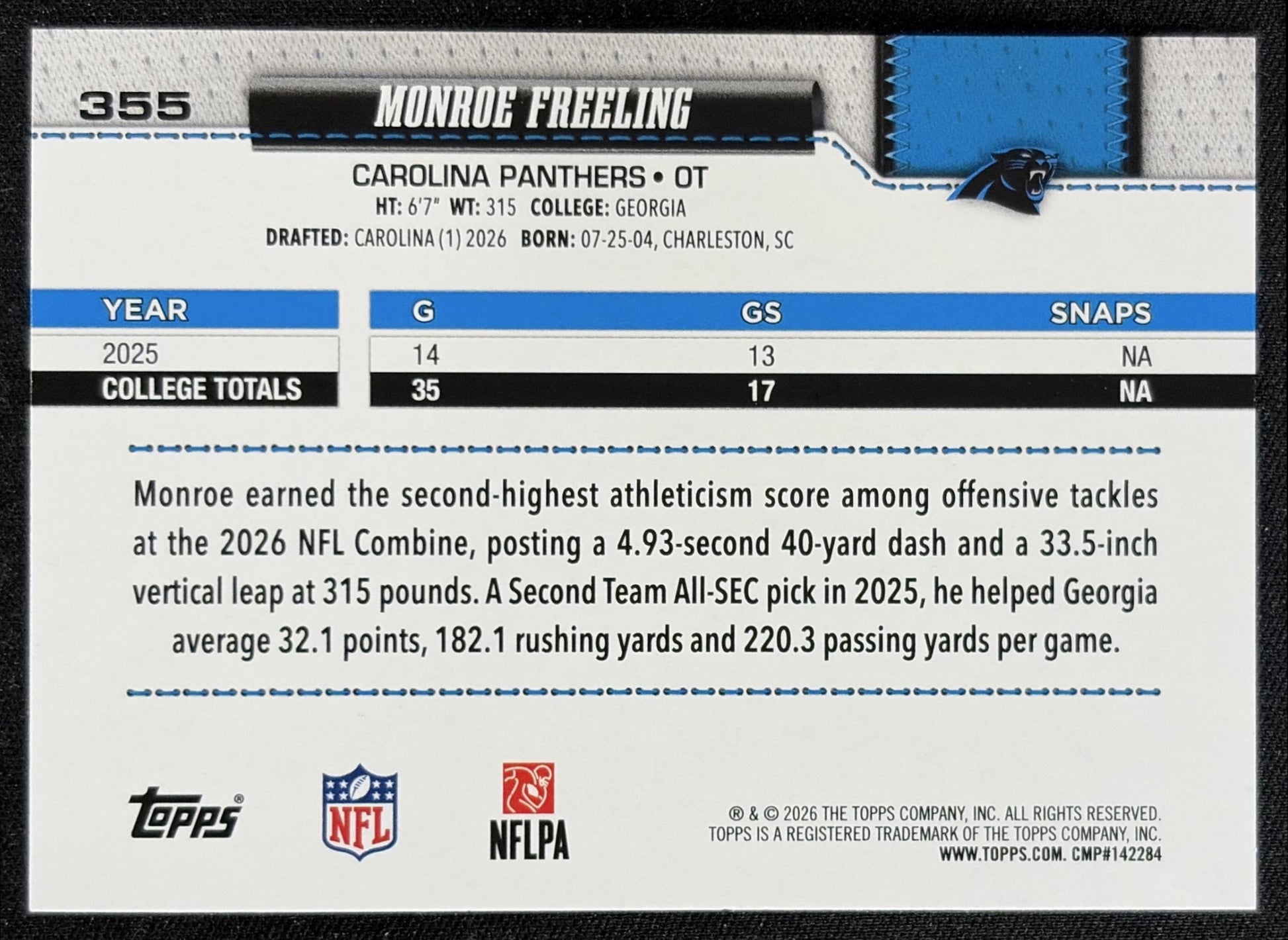 Monroe Freeling 2026 Topps Football Leather Foil Panthers back
