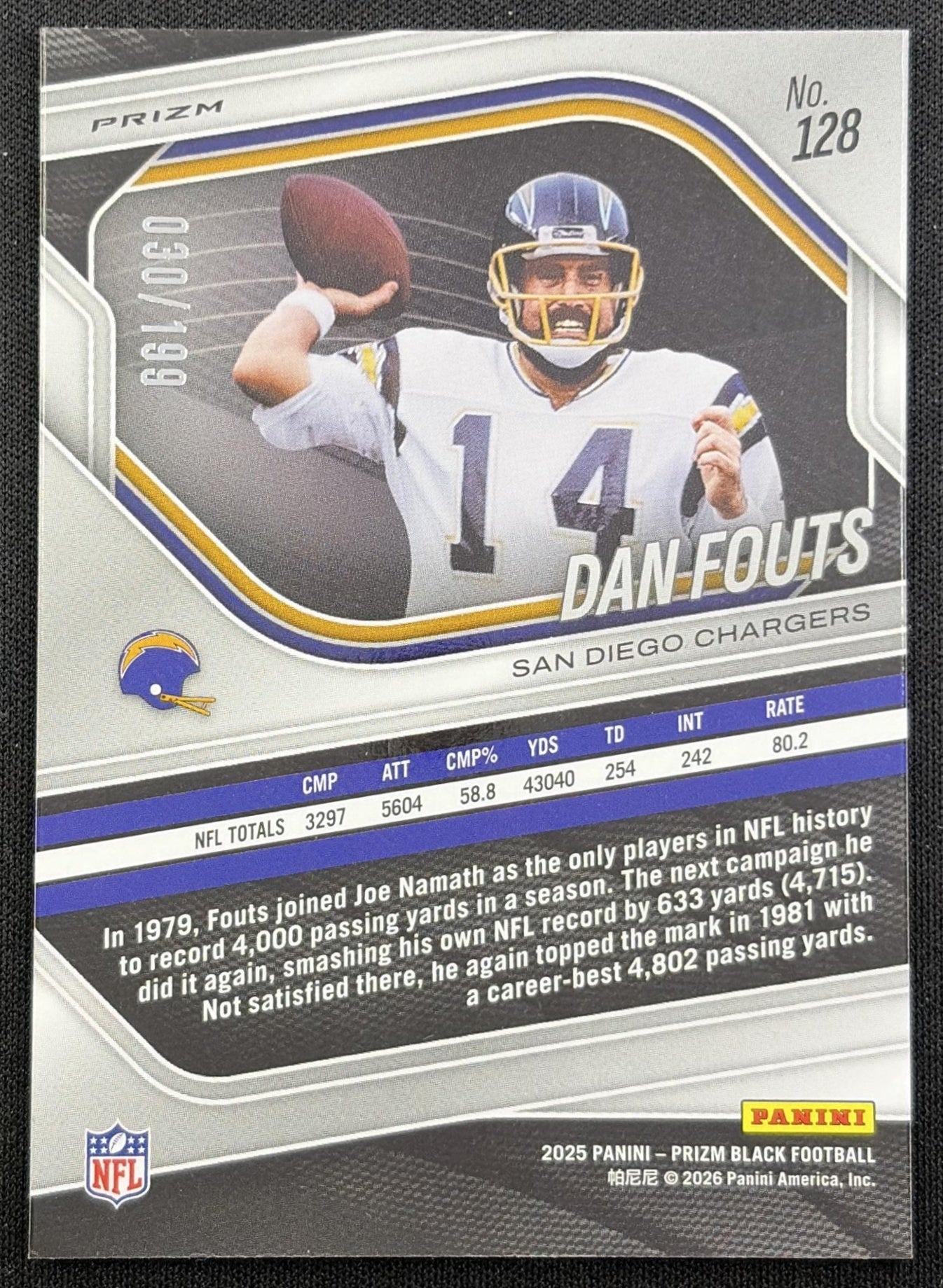 Dan Fouts 2025 Panini Prizm Black Blue /199 Chargers