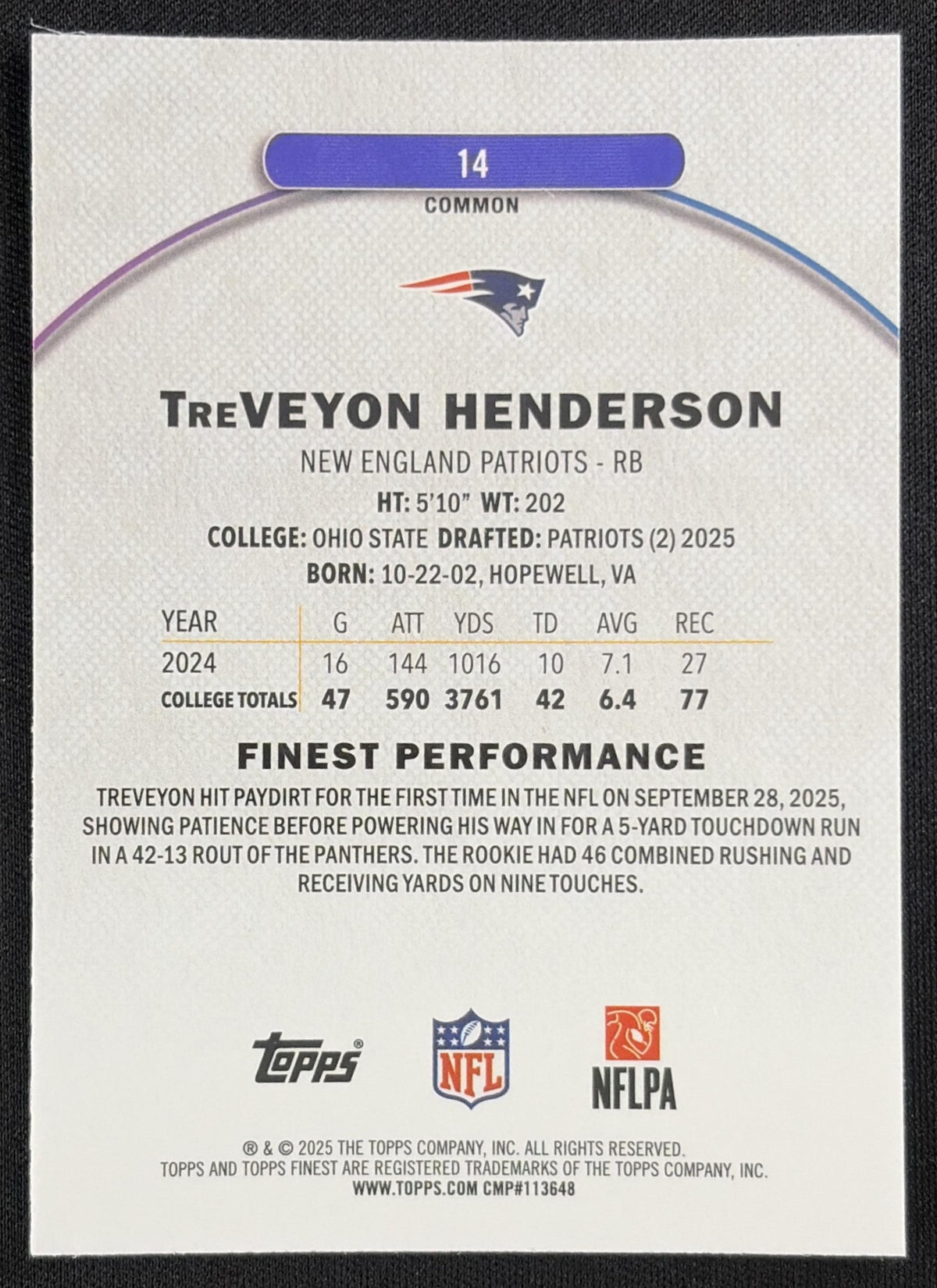 TreVeyon Henderson 2025 Topps Finest Blue Refractor /200 Patriots
