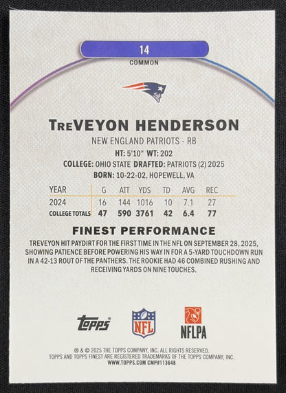 TreVeyon Henderson 2025 Topps Finest Blue Refractor /200 Patriots