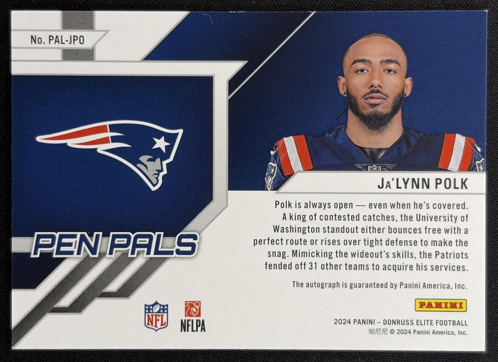 Ja'Lynn Polk 2024 Panini Donruss Elite Pen Pals Patriots back