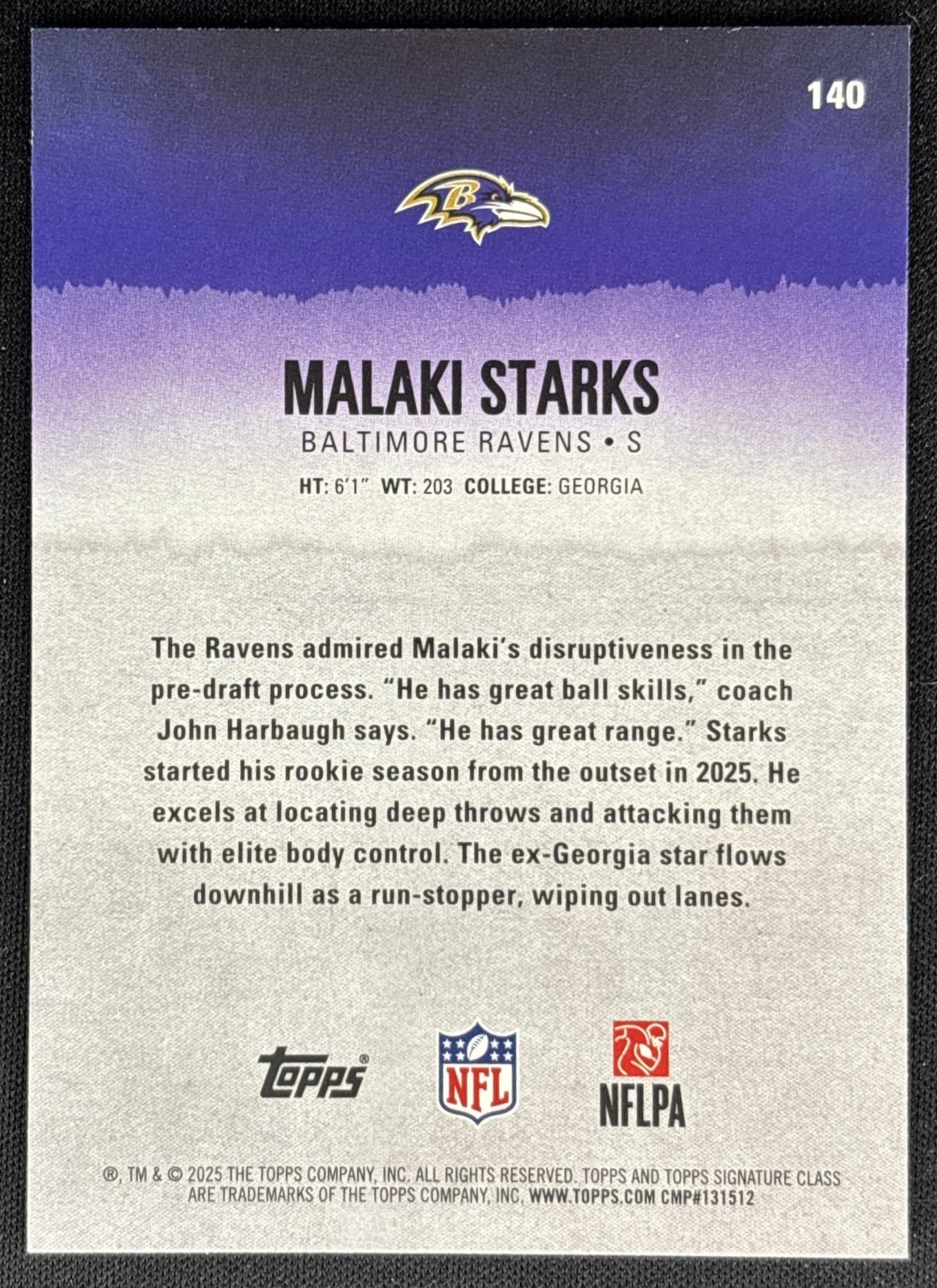 Malaki Starks 2025 Topps Signature Class Rookie Ravens Sports Trading Cards