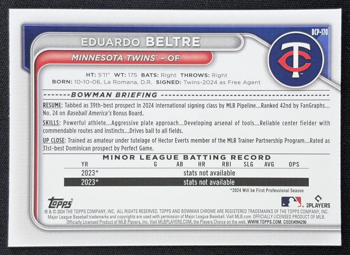 Eduardo Beltre 2024 Bowman Chrome Prospects Mega Box Mojo Refractor Twins