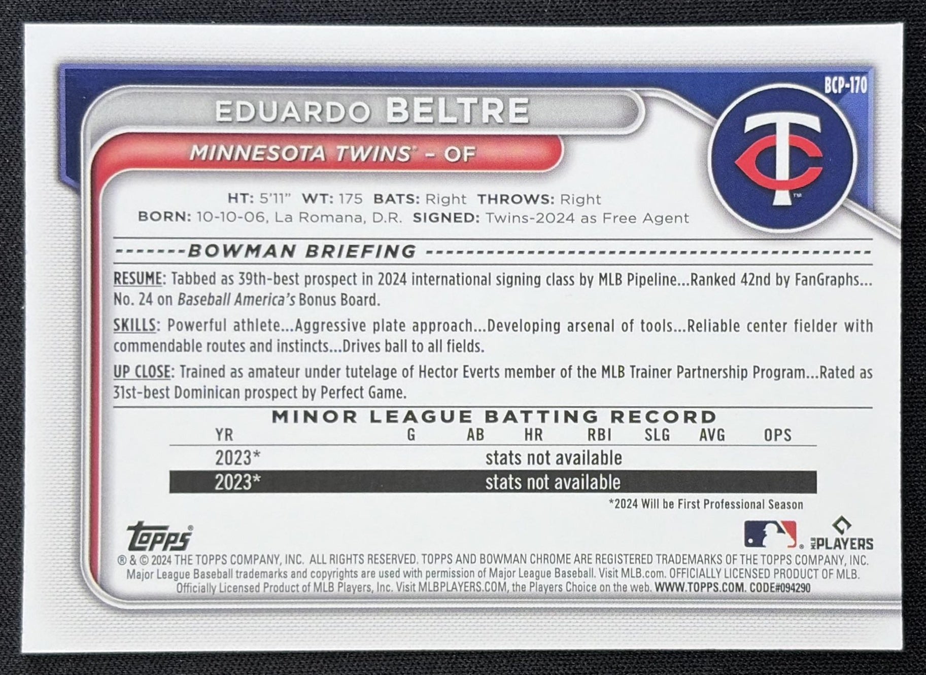 Eduardo Beltre 2024 Bowman Chrome Prospects Mega Box Mojo Refractor Twins