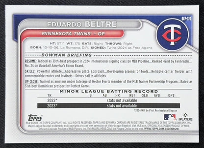 Eduardo Beltre 2024 Bowman Chrome Prospects Mega Box Mojo Refractor Twins