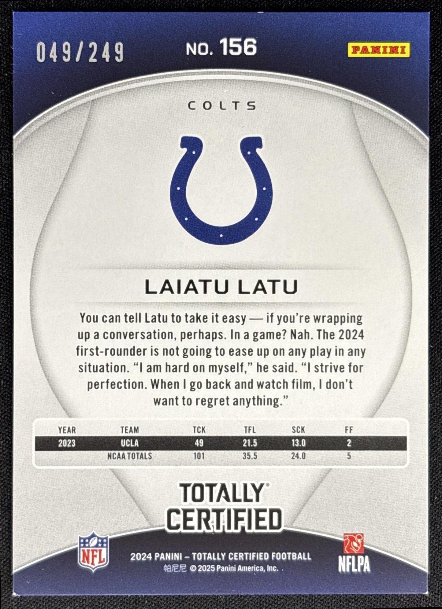 Laiatu Latu 2024 Panini Totally Certified Rookies Mirror Red /249 Colts