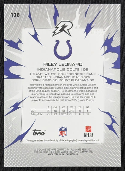 Riley Leonard 2025 Topps Resurgence Rookie Signatures Magenta Surge Refractor /299 Colts