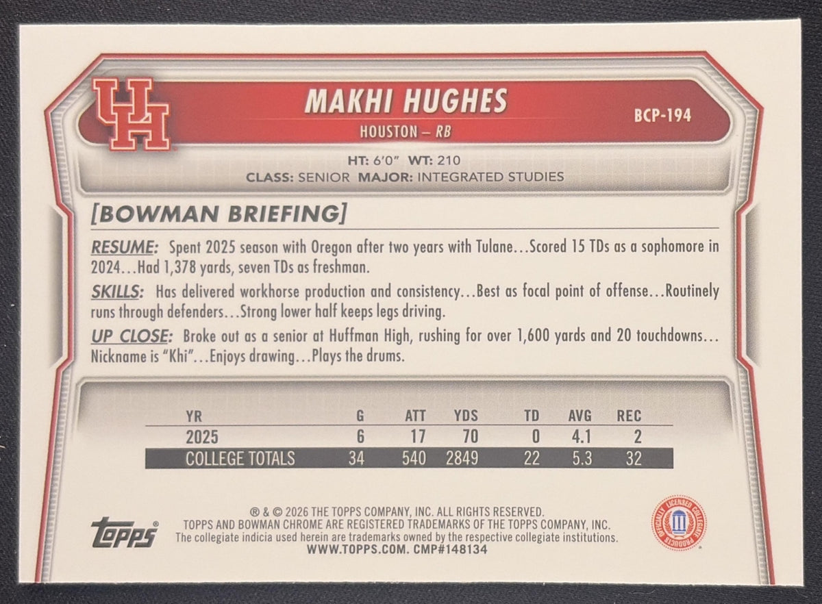 Makhi Hughes 2026 Bowman Chrome Prospects Speckle Refractor Cougars Sports Trading Card