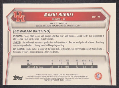 Makhi Hughes 2026 Bowman Chrome Prospects Speckle Refractor Cougars Sports Trading Card