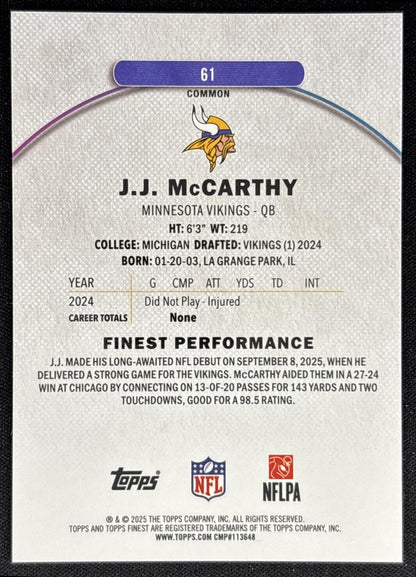 J.J. McCarthy 2025 Topps Finest Sky Blue Refractor /325 Vikings