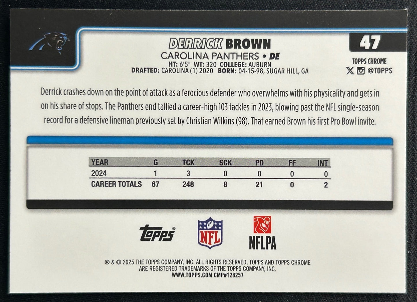 Derrick Brown 2025 Topps Chrome Panthers Sports Trading Cards