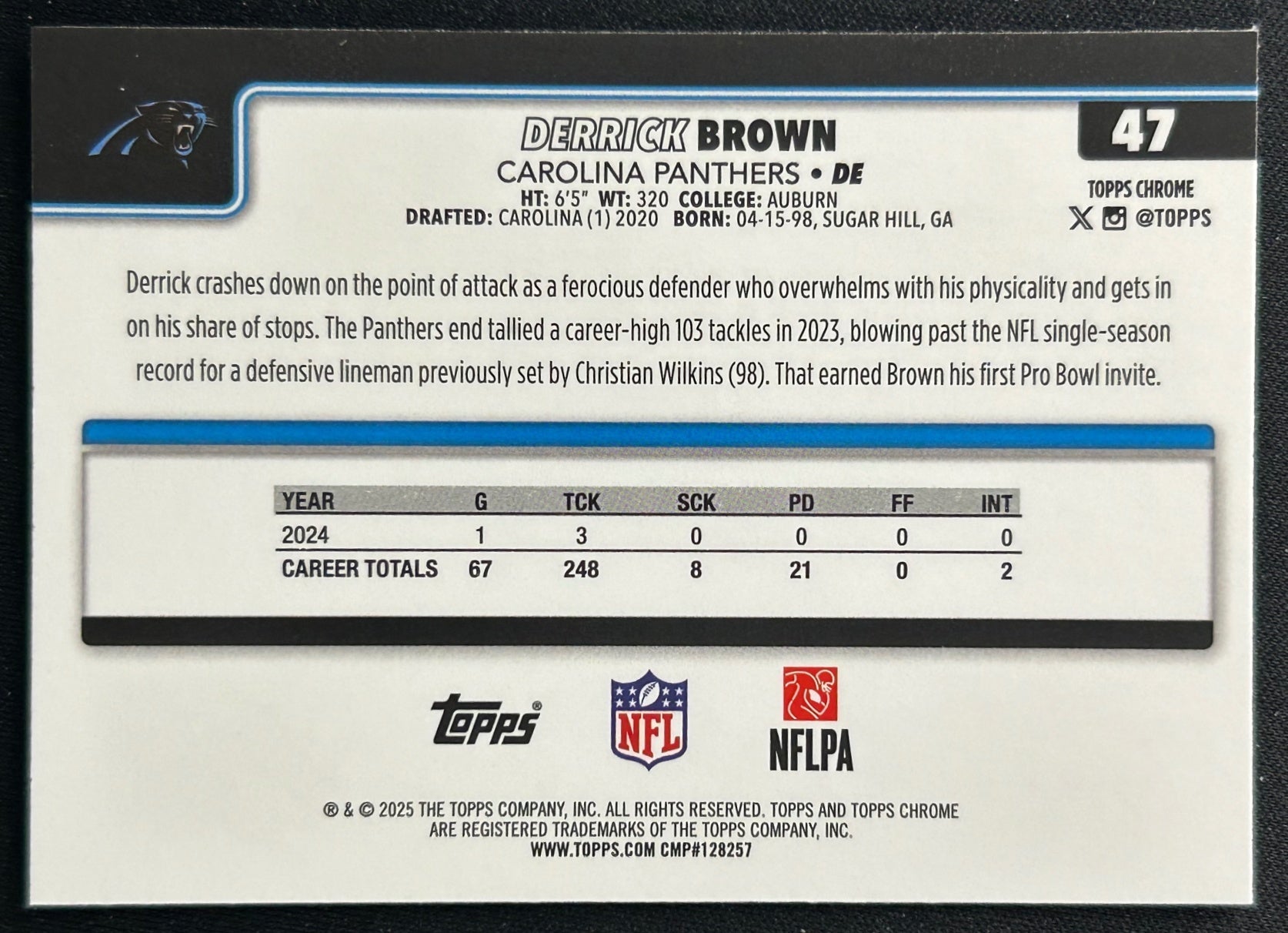 Derrick Brown 2025 Topps Chrome Panthers Sports Trading Cards