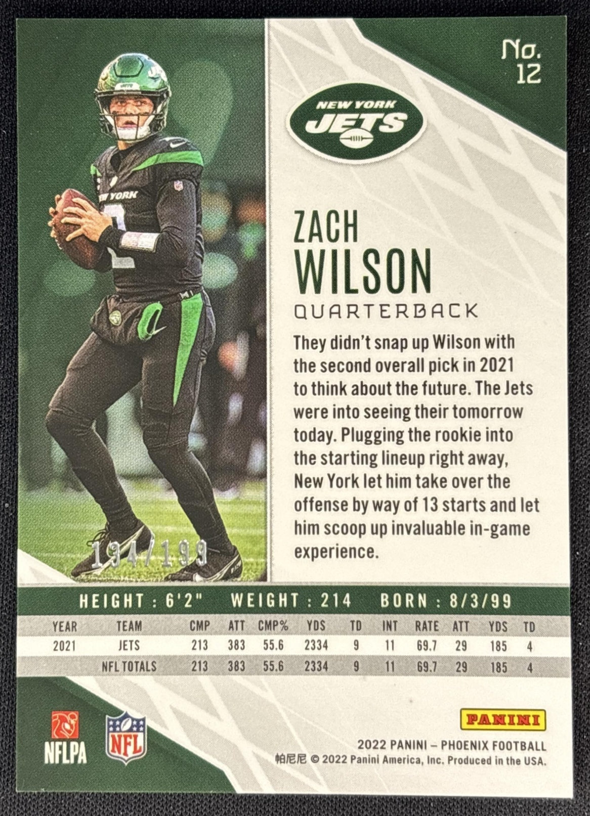 Zach Wilson 2022 Panini Phoenix Pink /199 Jets