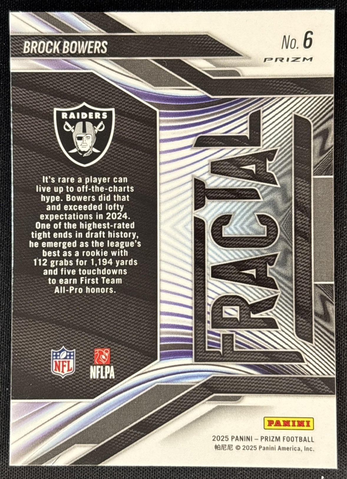 Brock Bowers 2025 Panini Prizm Fractal Green Ice Raiders