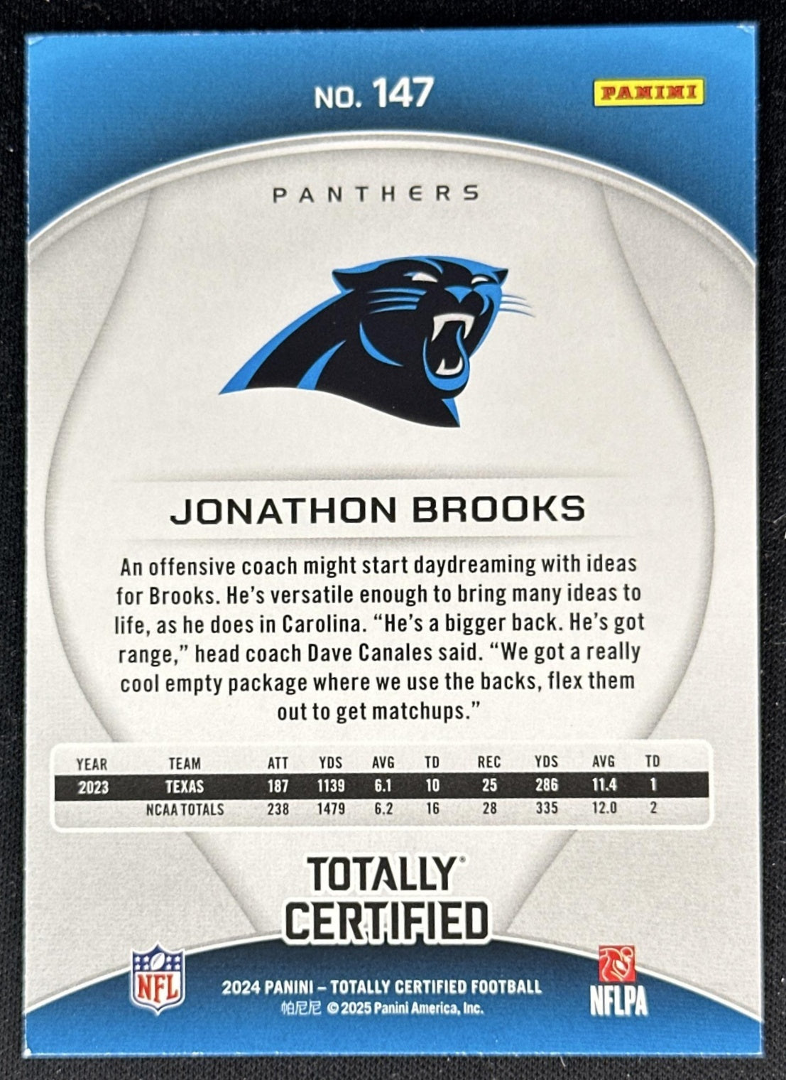Jonathon Brooks 2024 Panini Certified Rookies Panthers back
