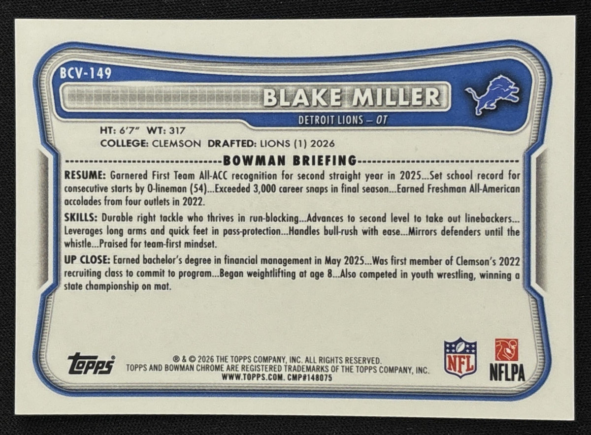 Blake Miller 2026 Bowman Chrome NFL Yellow Mojo Refractor /275 Lions - Back