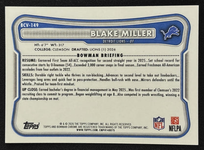 Blake Miller 2026 Bowman Chrome NFL Yellow Mojo Refractor /275 Lions - Back