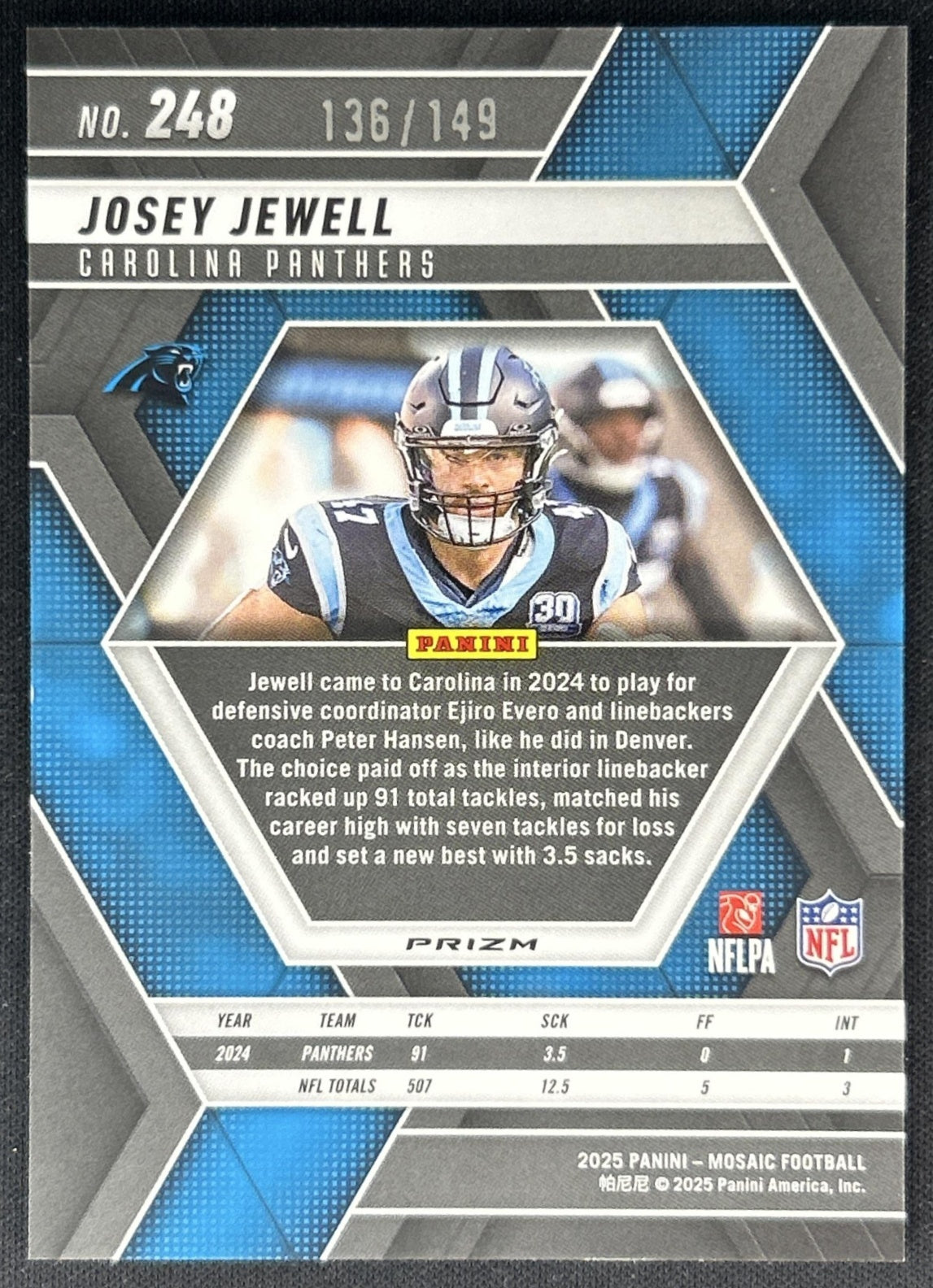 Josey Jewell 2025 Panini Mosaic Silver Knight Prizm /149 Panthers
