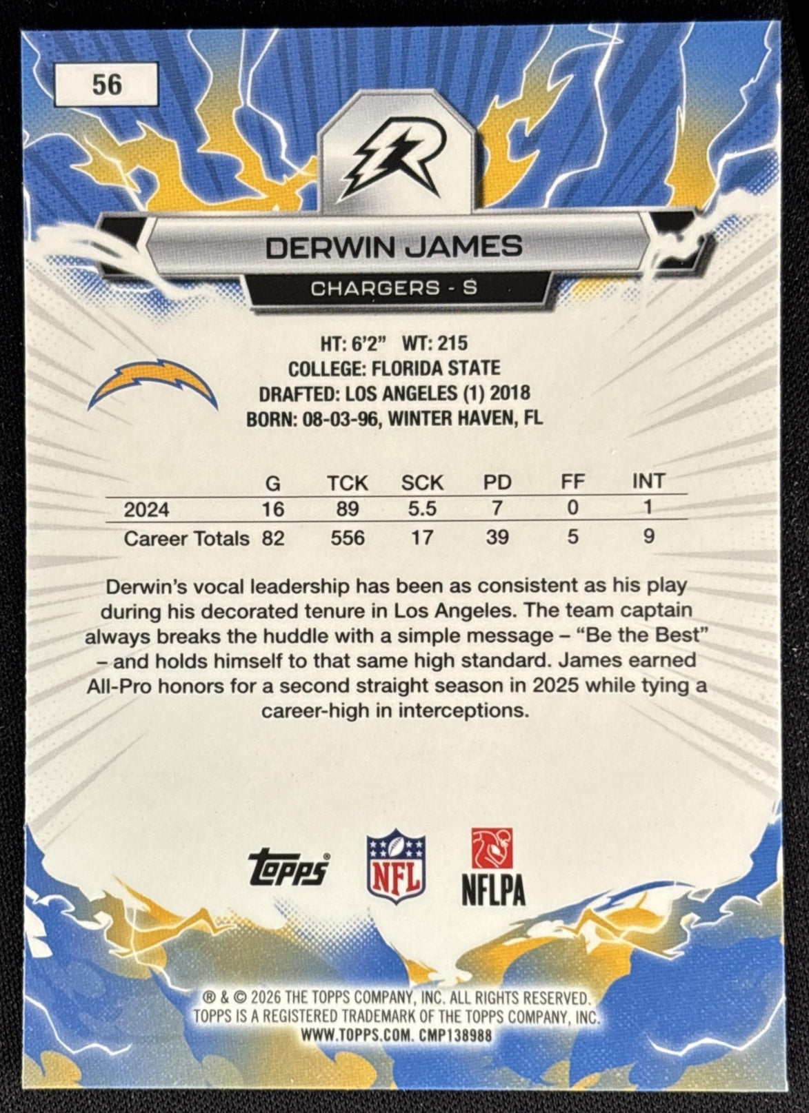 Derwin James 2025 Topps Resurgence Sky Blue and Pink Shock Refractor Chargers back