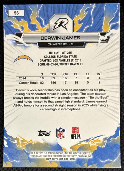 Derwin James 2025 Topps Resurgence Sky Blue and Pink Shock Refractor Chargers back