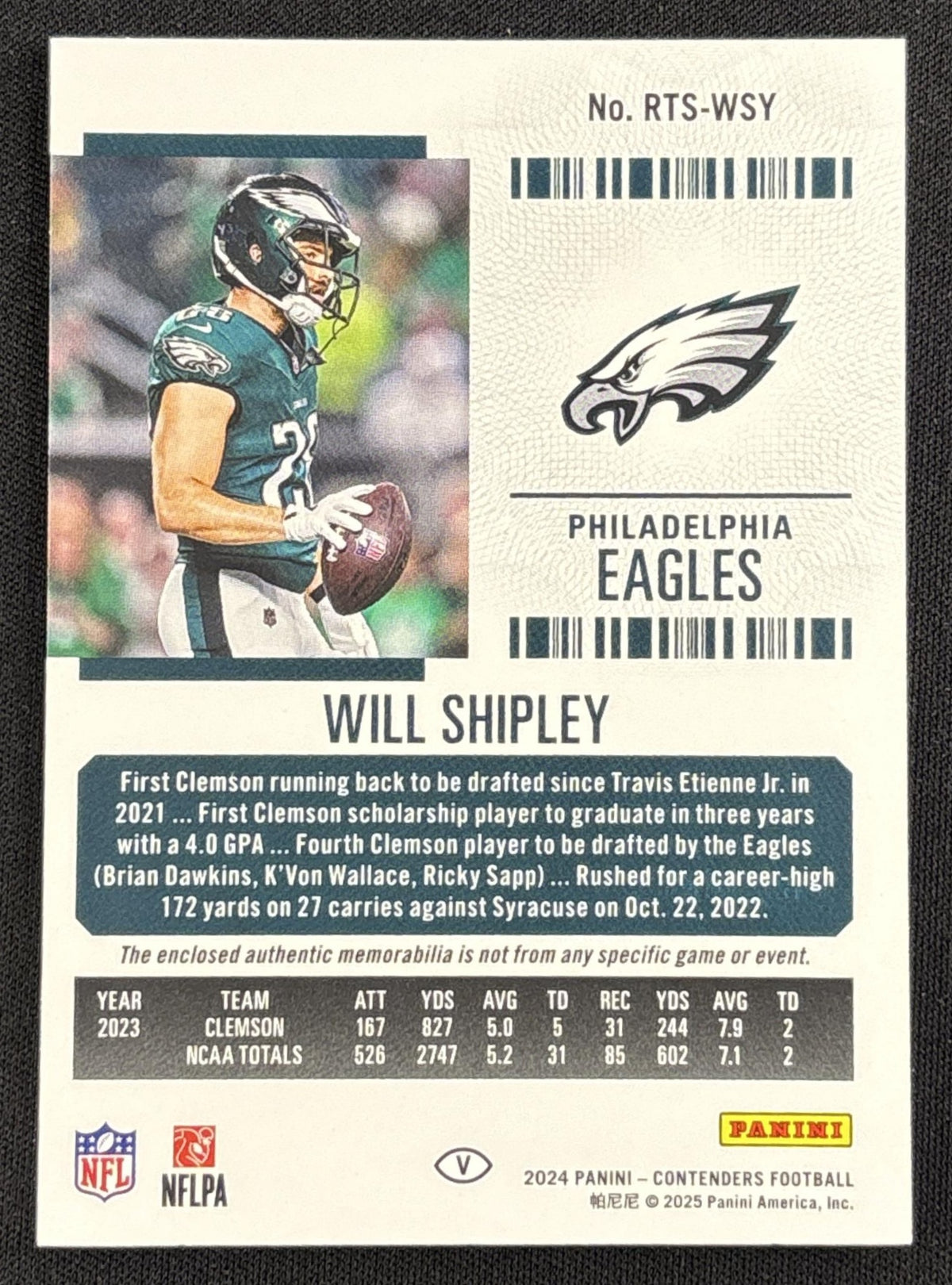 Will Shipley 2024 Panini Contenders Rookie Ticket Swatches Eagles