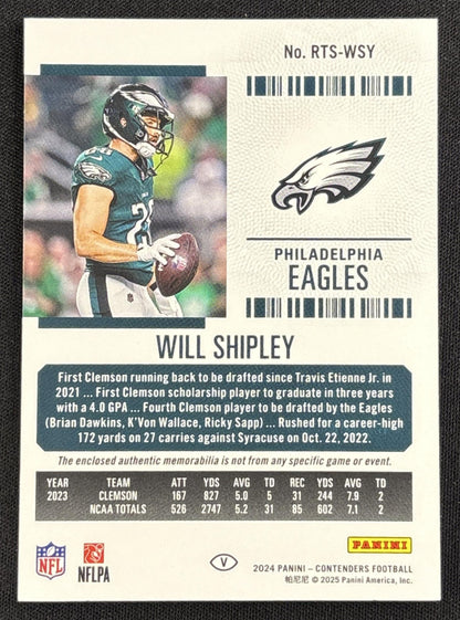 Will Shipley 2024 Panini Contenders Rookie Ticket Swatches Eagles