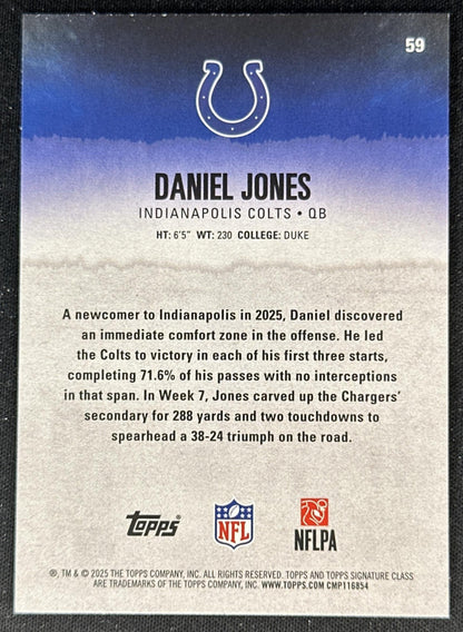 Daniel Jones 2025 Topps Signature Class Veteran Green & Purple Foil Colts back