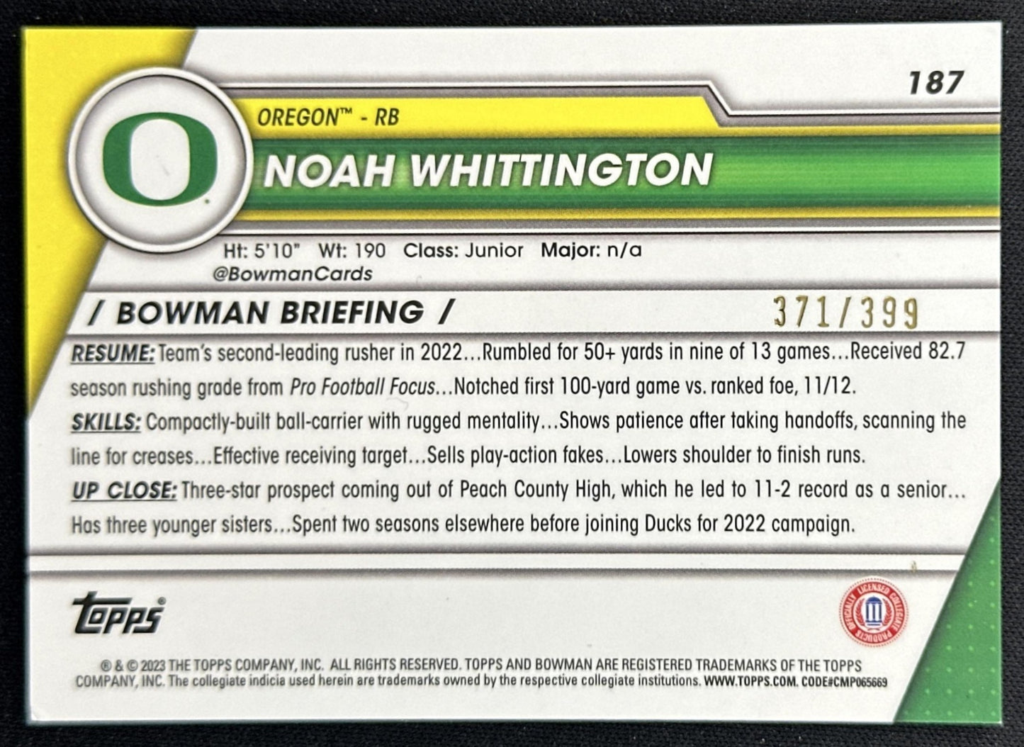 Noah Whittington 2023 University Chrome Purple Mini Diamond Refractor /399 Ducks back