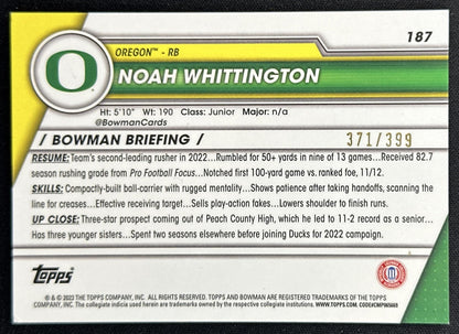 Noah Whittington 2023 University Chrome Purple Mini Diamond Refractor /399 Ducks back