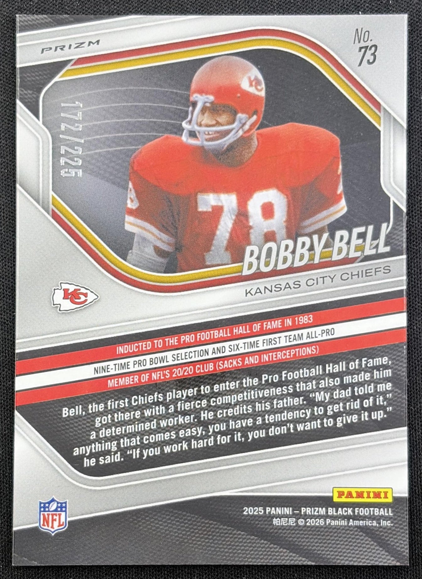 Bobby Bell 2025 Panini Prizm Black Football /225 Chiefs