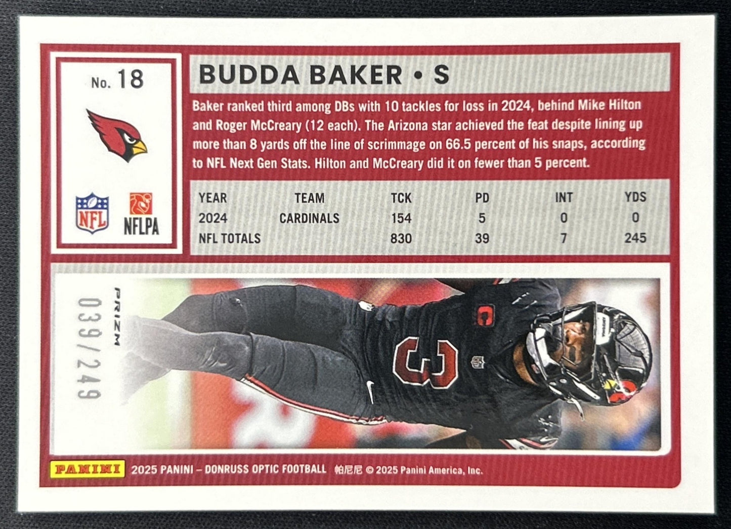 Budda Baker 2025 Panini Donruss Optic Blue Prizm /249 Cardinals back