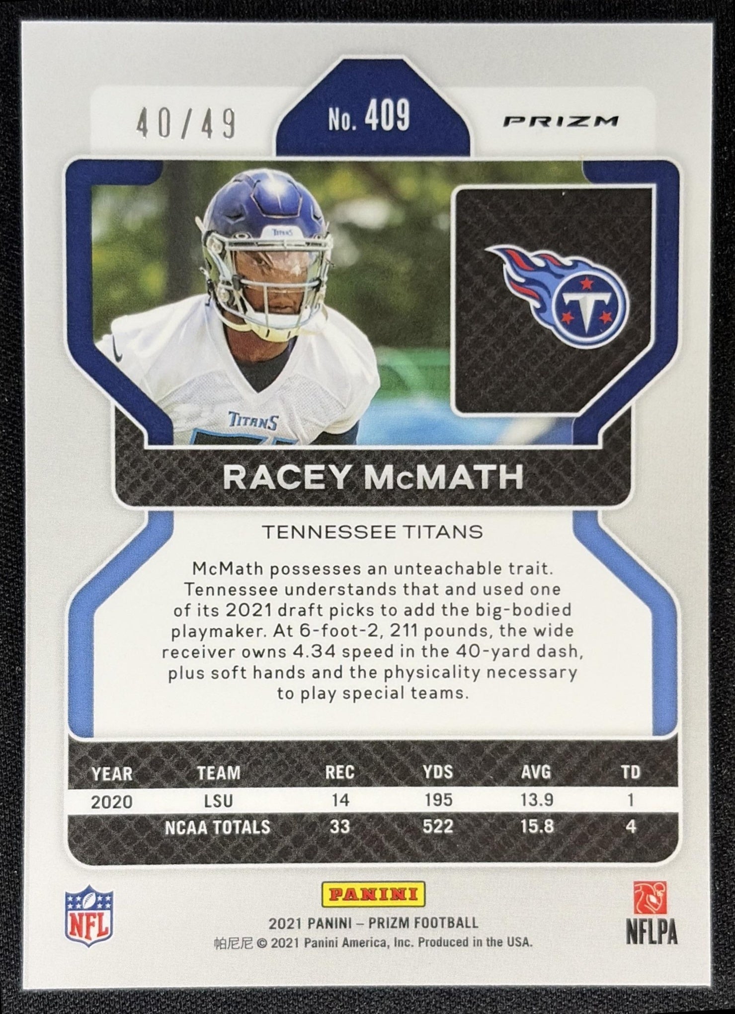 Racey McMath 2021 Panini Prizm Purple Power /49 Titans