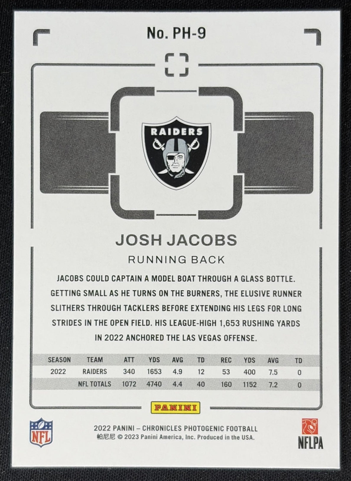 Josh Jacobs 2022 Panini Chronicles Photogenic Raiders back